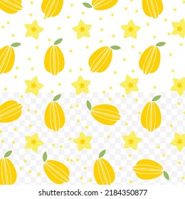 Random pattern of Starfruit in dark color on white background with mini doodles(icons). Vector Illustration