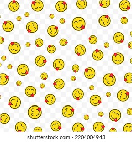 Random pattern of sticking her tongue out emoticons in yellow color on transparent background with mini doodles(icons). Vector Illustration