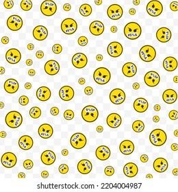Zufällige Muster von Emoticons in gelber Farbe auf transparentem Hintergrund mit Mini-Doodles(Icons). Vektorgrafik