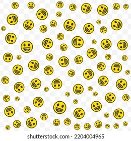 Random pattern of tooth smile emoticons in yellow color on transparent background with mini doodles(icons). Vector Illustration