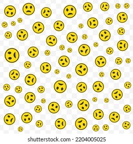 Random pattern of upset emoticons in yellow color on transparent background with mini doodles(icons). Vector Illustration
