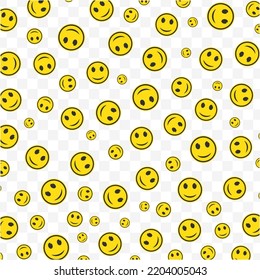 Random pattern of upside down smile emoticons in yellow color on transparent background with mini doodles(icons). Vector Illustration