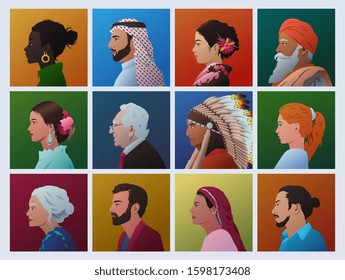 Random people of different cultures and races faces in profile. Diversity. Avatars. Vector images set.