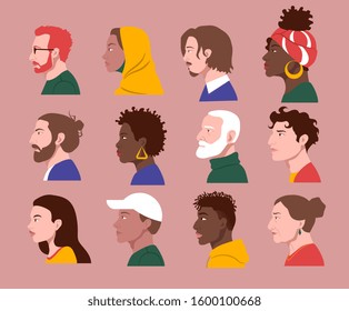 Random people of different cultures and races faces in profile vector images set