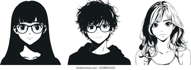 Random People Young Girls and boy wearing glasses silhouette twotone design