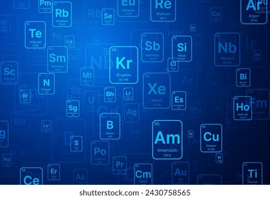 Antecedentes Periódicos Aleatorios De Elementos Químicos. Blue Education Ciencia Química Física Telón de fondo. Ilustración vectorial.