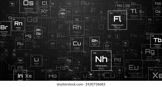 Antecedentes Periódicos Aleatorios De Elementos Químicos. Educación Ciencia Química Física Telón de fondo. Ilustración vectorial.