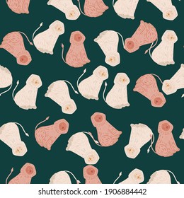 Random pink colored lion silhouettes seamless pattern. Dark turquoise background. Childish print. Graphic design for wrapping paper and fabric textures. Vector Illustration.