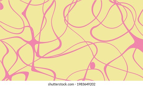 Líneas y contornos rosados aleatorios sobre un fondo amarillo. Ilustración del vector abstracto.