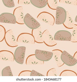 Random pink pastel palette seamless pattern with apple slices silhouettes. Summer print. Graphic design for wrapping paper and fabric textures. Vector Illustration.