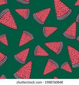 La sandía rosa aleatoria da forma a un patrón de doodle impecable. Fondo verde. Elementos orgánicos simples. Diseño gráfico para envolver texturas de papel y tela. Ilustración vectorial.