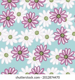 Random pink and white colored daisy flowers silhouettes seamless pattern. Blue background. Ditsy backdrop. Stock illustration. Vector design for textile, fabric, giftwrap, wallpapers.