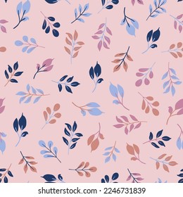 Random placed, autumn leaves seamless repeat pattern. Vector botanical elements all over surface print on pink background.