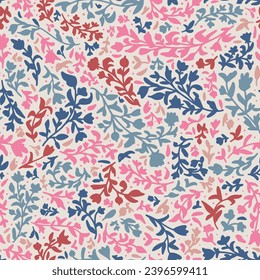 Random placed, different botanical elements seamless repeat pattern on beige background. Multicolored, vector flowers, leaves, herbs, branches and more all over surface print.