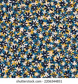 Random placed ditsy daisy layering seamless repeat pattern. Vector, wildflowers all over surface print on yellow background.