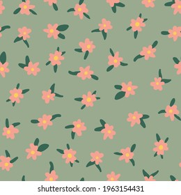 Random Placed Ditsy Daisy Seamless Pattern. Pink Vector Flowers with Leaves All Over Print on Sage Green Background.