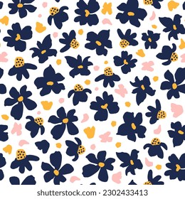 Random placed flower heads with dots seamless repeat pattern. Vector botanical all over surface print on white background.