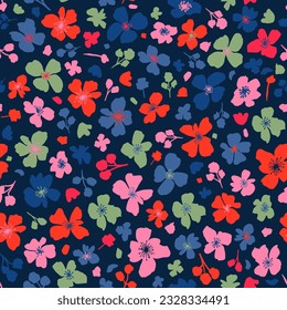 Random placed flowers and leaves seamless repeat pattern. Vector, minimal calico botanical all over surface print on dark blue background.