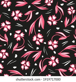 Random placed folkloristic vector flowers as cropped seamless pattern with black background.