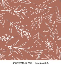 Random Placed Leaves Seamless Pattern. Vector Branches All Over Print on Brown Background.