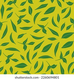 Random placed leaves seamless repeat pattern. Vector, botanical elements all over surface print on lime green background.