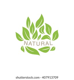 Random Placed Leaves Surrounding Text Organic Product Logo Cool Flat Vector Design Template On White Backgeound