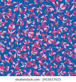 Random placed, pink leaves and herbs seamless repeat pattern. Vector botanical elements aop all over print on blue background.