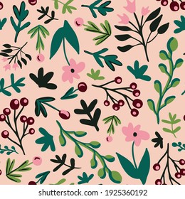 Random placed retro vector flowers, leaves and berries with background.