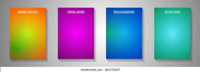 Random point faded screen tone front page templates vector set. Business booklet perforated screen tone patterns. Retro cartoon comics style cover page leaflets. Distressed prints.