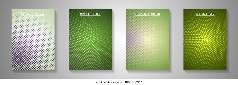 Random point faded screen tone front page templates vector set. Geometric poster perforated screen tone patterns. Retro comics style cover page leaflets. Distressed prints.