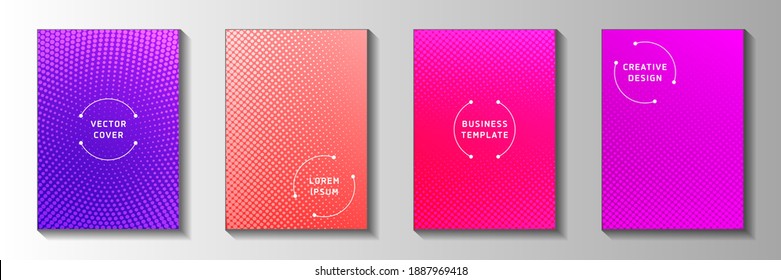 Random point perforated halftone cover page templates vector batch. Scientific journal faded halftone backgrounds. Retro manga comics style front page layouts. Optical effects.