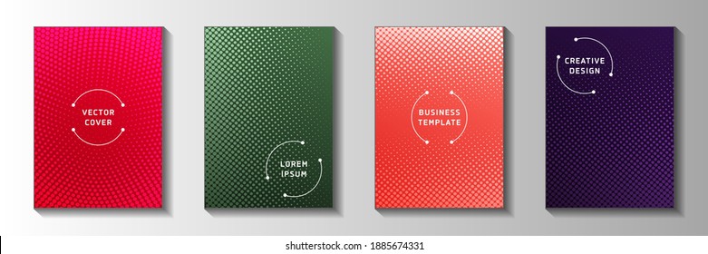 Random point perforated halftone title page templates vector set. Scientific magazine faded halftone patterns. Retro comics style cover layouts. Round pixels.