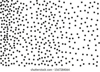 Random polka dots on white background. Elegant black circles. Vector isolated. Black dots. Fashion design. Vector business template. Decoration element. Dotted pattern.