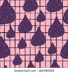 Random purple figs seamless doodle pattern. Pink background with check. Cartoon food backdrop. Designed for fabric design, textile print, wrapping, cover. Vector illustration.