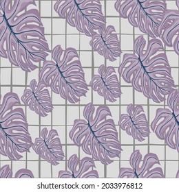 Random purple palm monstera leaf seamless doodle pattern. Grey chequered background. Decorative backdrop for fabric design, textile print, wrapping, cover. Vector illustration.