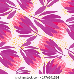 Random purple and pink protea flowers hand drawn seamless pattern. Isolated print with splashes. Perfect for fabric design, textile print, wrapping, cover. Vector illustration.