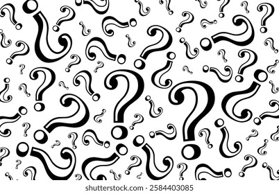 Random question mark pattern for background with abstract scattered question marks. Ideal for quizzes, FAQs, and creative concepts. Dynamic and curious design in vector format.