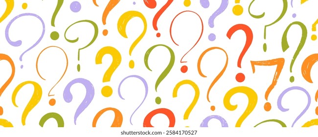 Random question marks seamless pattern background. Pastel colored crayon drawn question marks. Vector questionnaire banner with various signs. Pencil and chalk drawn doodle symbols.