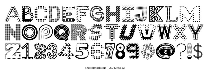 A random ransom-style vector alphabet font with a mix of linear speck letters. Each figure features dots, circles, and collage elements, creating a chaotic matrix of unique letterforms.