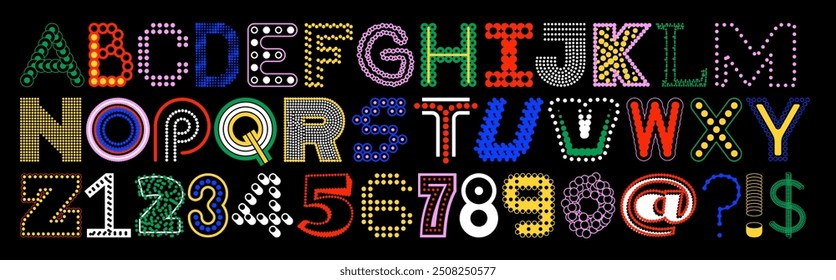 A random ransom-style vector alphabet font with a mix of linear speck letters. Each figure features dots, circles, and collage elements, creating a chaotic matrix of unique letterforms.