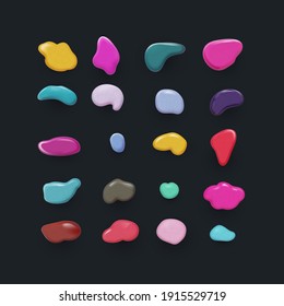 Una mancha realista al azar, una mancha de tinta. Bombilla orgánica negra de color, mancha. Gota de líquido, fluido. Silueta de piedra, guijarros. Mancha de tinta, forma irregular de mancha moteada. Vector básico, sencillo, redondeado y liso