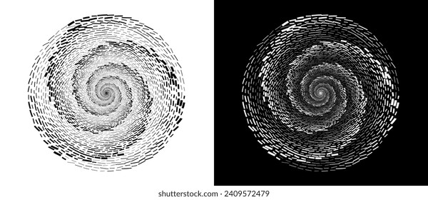 Random rectangles in a spiral. Big data or chaos concept, logo icon or tattoo. Black shape on a white background and the same white shape on the black side.