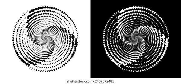 Random rectangles in a spiral. Big data or chaos concept, logo icon or tattoo. Black shape on a white background and the same white shape on the black side.