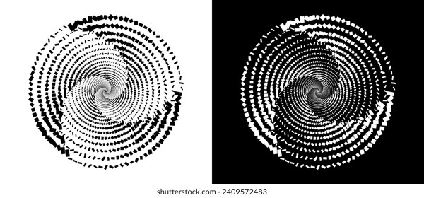 Random rectangles in a spiral. Big data or chaos concept, logo icon or tattoo. Black shape on a white background and the same white shape on the black side.