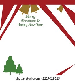 random red line photo frame merry christmas and happy new year gold bell xmas border pine tree