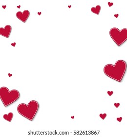 Random red paper hearts. Bordered frame with random red paper hearts on white background. Vector illustration.