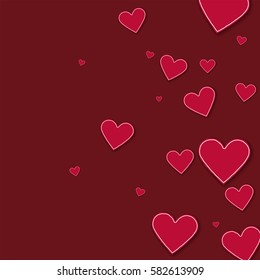 Random red paper hearts. Right gradient with random red paper hearts on wine red background. Vector illustration.