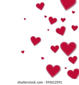 Random red paper hearts. Right gradient on white background. Vector illustration.