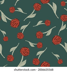 Random red roses silhouettes seamless pattern in doodle style. Turquoise background. Summer seasonal print. Stock illustration. Vector design for textile, fabric, giftwrap, wallpapers.