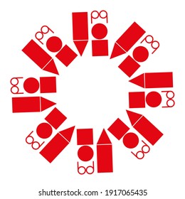 Random red shapes seamless radial pattern with squares, triangles and circles.